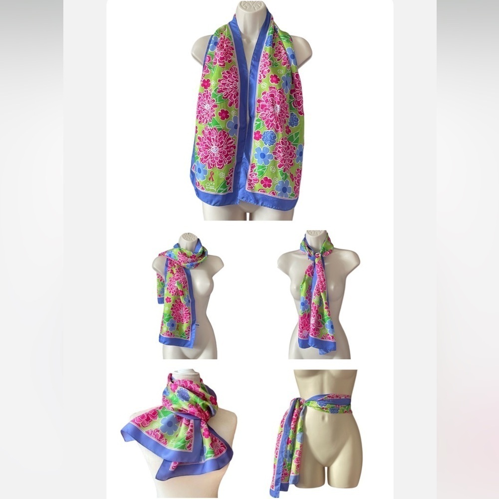 Lilly Pulitzer 100% Silk Ford Floral Scarf Blue Pink Cancer Awareness Versatile